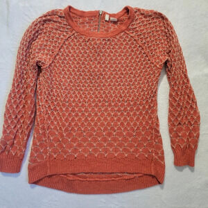 MOTH Lightweight Orange Raglan Sweater Back Zip Scalloped Cream Print Size S